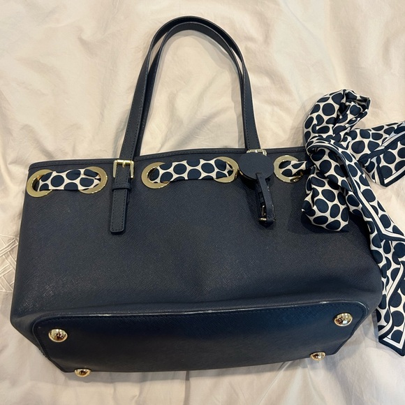 Michael Kors navy leather tote with polka dot scarf - Picture 1 of 9